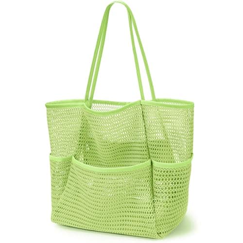KPX Beach Bag with Mini Pocket, Summer Beach Tote Bags for Women Large Foldable Mesh Swimming Pool Travel Bags - Sandproof (Green-Style2)