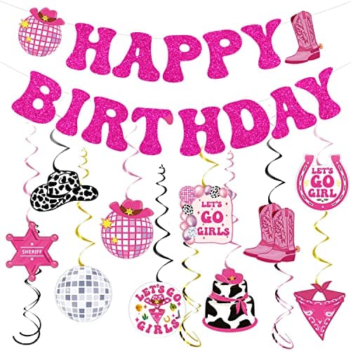 Disco Cowgirl Birthday Party Decorations NOVBAUB 26PCS Pink Birthday Decoration Disco Cowgirl Preppy Y2k Hanging Swirls Party Streamers Bachelorette Party Decor Supplies for Women Girls