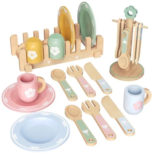20 PCS Kitchen Playset with Wooden Toy Plates and Dishes Montessori Kitchen Toys for Girls and Boys Wooden Play Kitchen Accessories for Kids Toddlers Aged 3 and up