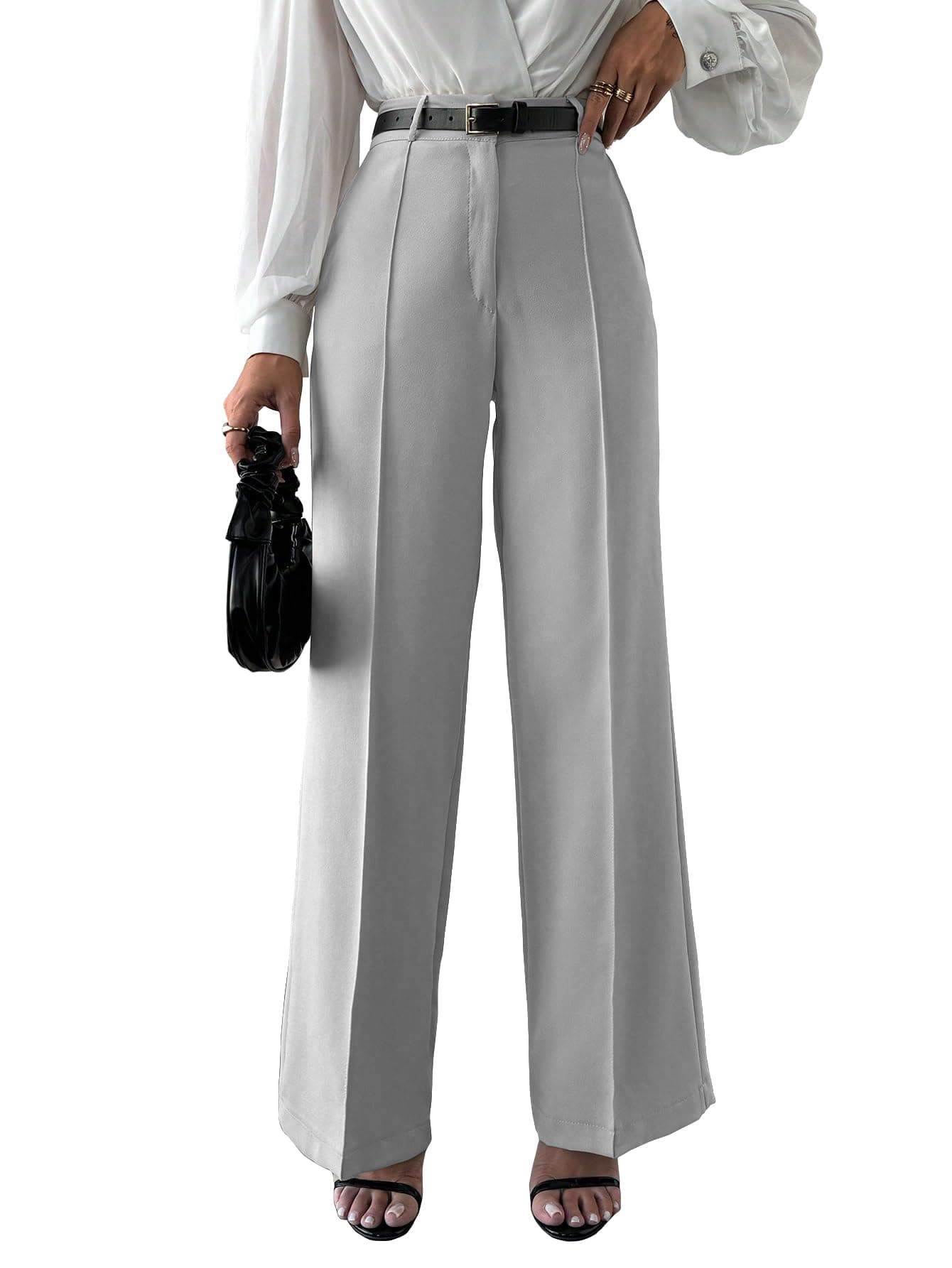 Shasmi Women's Trousers | High-Waisted Silhouette with Elegant Pleated Front | Functional Side Pockets | Secure Button Closure | Perfect Style for Both Office and Casual Settings (171 Light Grey-XL)