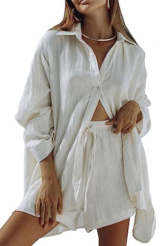 Fixmatti Women Button up Shirt Short Set 2 Piece Casual Outfit Long Sleeve Blouse High Waisted Mini Shorts White S