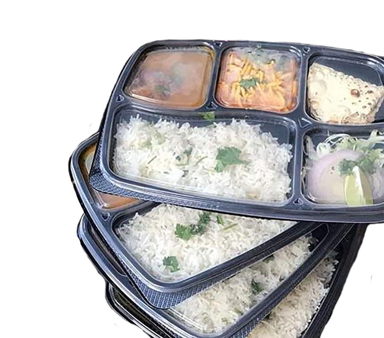 Tia Crafts Microwave Safe 5 Compartment Meal Tray with lid for Dinner, Lunch | Made of 100% BPA Free Food Virgin Plastic Black (25)