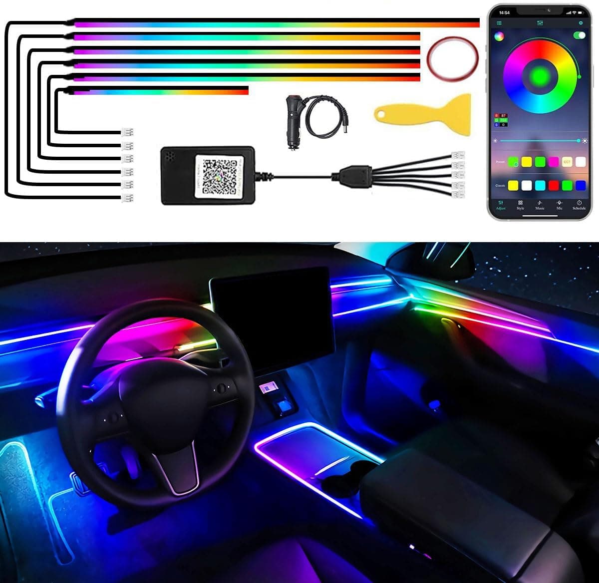 Acrylic Car LED Interior Strip Lights, 6 In 1 Dreamcolor Ambient Lighting Kit with Wireless App
