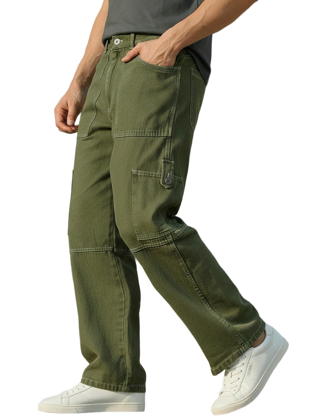 Urbano Fashion Men's Olive Green Loose Baggy Fit Washed Cargo Jeans with 6 Pockets Non-Stretchable (jeanlscargo-03-olivegrn-28)