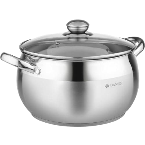 Daniks Classic Stainless Steel Stock Pot with Glass Lid – Induction 6 Quart, Dishwasher Safe, Measuring Scale, For Soup, Pasta, Stew, Silver