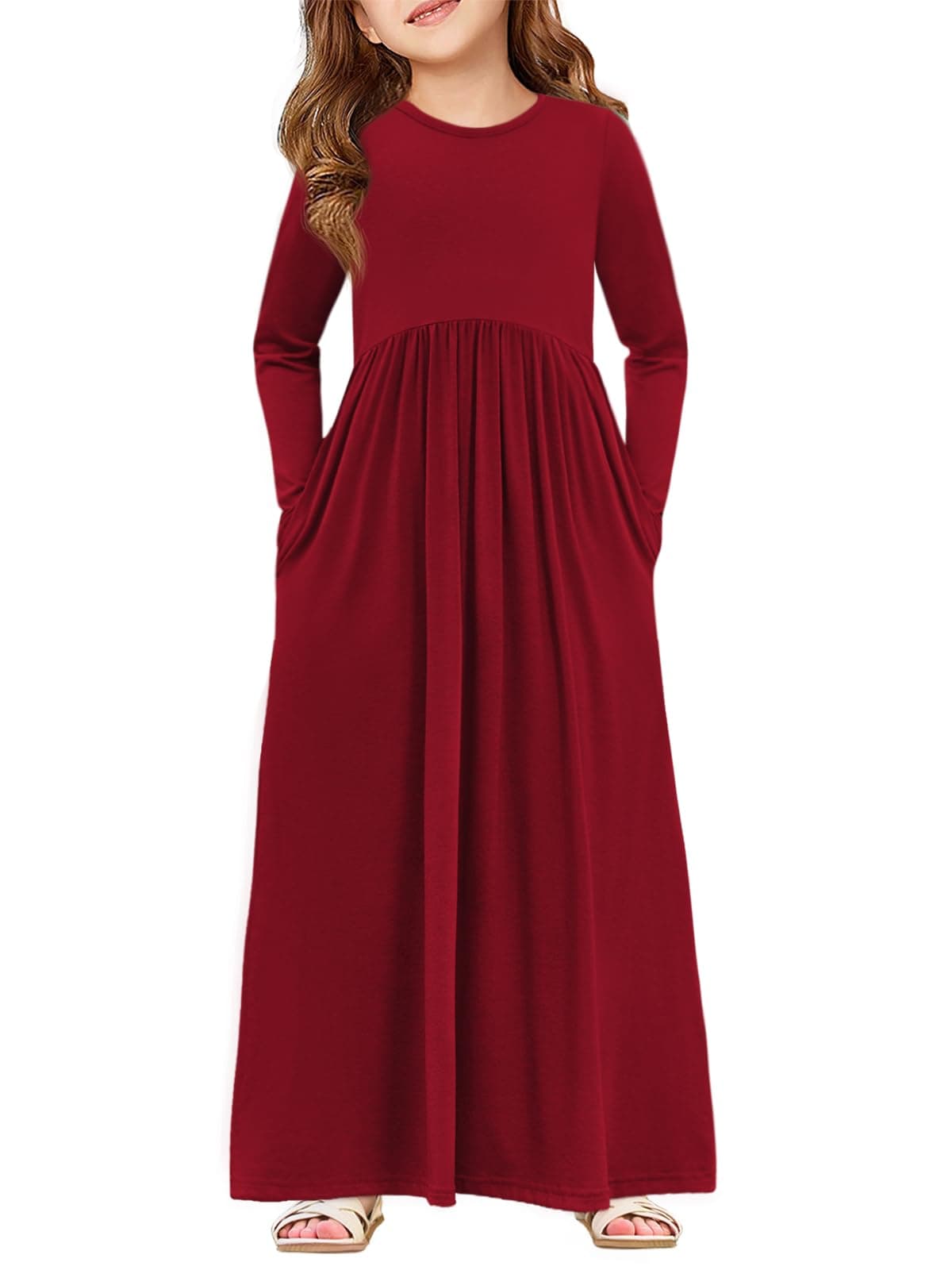 Haloumoning Girls Maxi Dress Long Sleeve Casual Holiday Dress with Pockets for 514 Years Burgundy