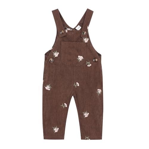 Korago Baby Girl Overalls Corduroy with Floral Embroidery,Beige Toddler Jumpsuit Romper,Soft Overall for Girls (6 Months-3T) (US, Age, 24 Months, Brown)