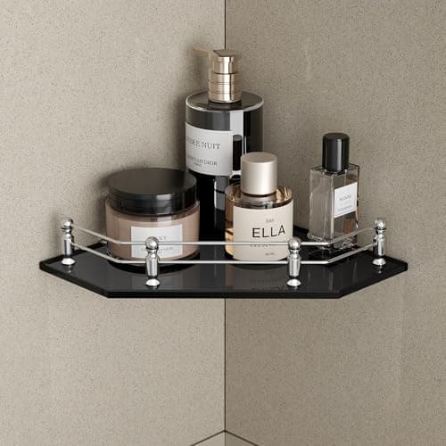 USF Bath Accessories Premium Edition Wall Mounted 8mm Glass Corner Shelf | Bathroom Shelves Accessories Racks | Stand | Weight Bearing Upto 10 Kg (9x9 Inches | Black | Diamond | Pack of 1)