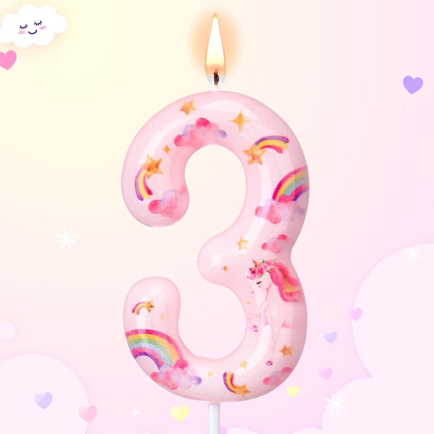 Nuanchu Number 3 Unicorn Birthday Candle Unicorn Cake Candle Rainbow Clouds and Stars Numeral Birthday Cake Topper for Girls Cute Purple Pink Theme Party Decoration Supplies