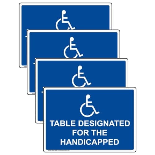 ComplianceSigns.com Table Designated for The Handicapped Label Decal with Symbol, 5x3.5 in. 4-Pack Vinyl for Accessible Dining/Hospitality/Retail Blue