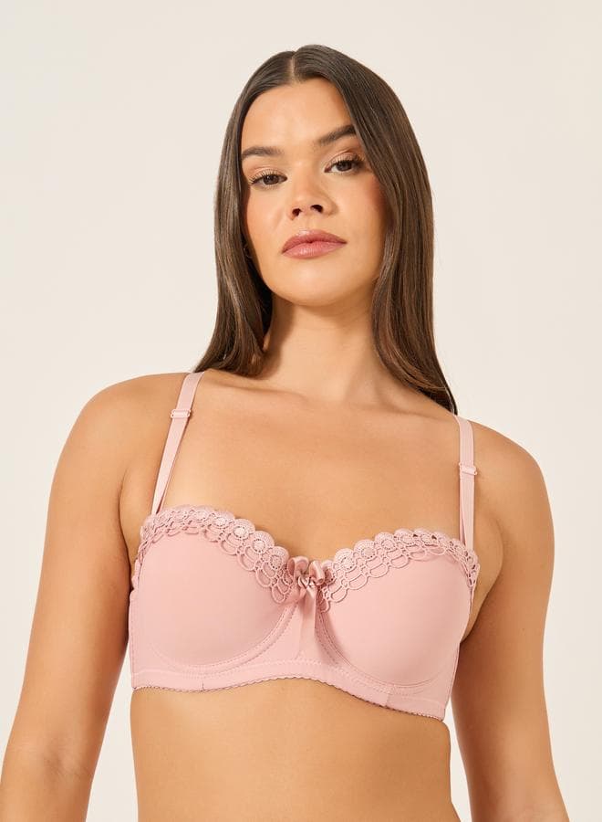 Take Two Solid Lace and Bow Detail Padded Wired Push Up Bra