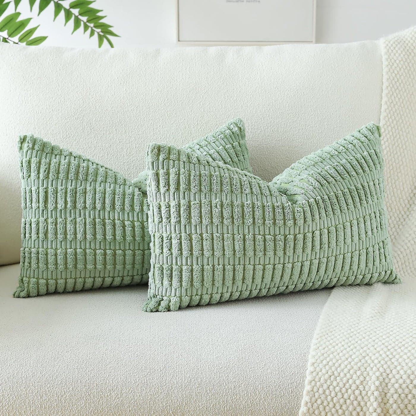 JOTOM Corduroy Soft Striped Throw Pillow Case 40x60 cm Boho Decorative Throw Pillow Covers Lumbar Cushion Case Couch Home Decor Cushion Covers for Sofa Bedroom 16x24 Inch Set of 2 Sage Green