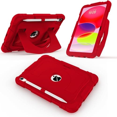 CCMAO Case for New iPad (A16) 11 Inch 2025, iPad 10th Gen 10.9 Inch 2022, with Portable Handle Kickstand and Pencil Holder, Heavy Duty Shockproof Rugged Protective Case for iPad 11/10 Gen, Red
