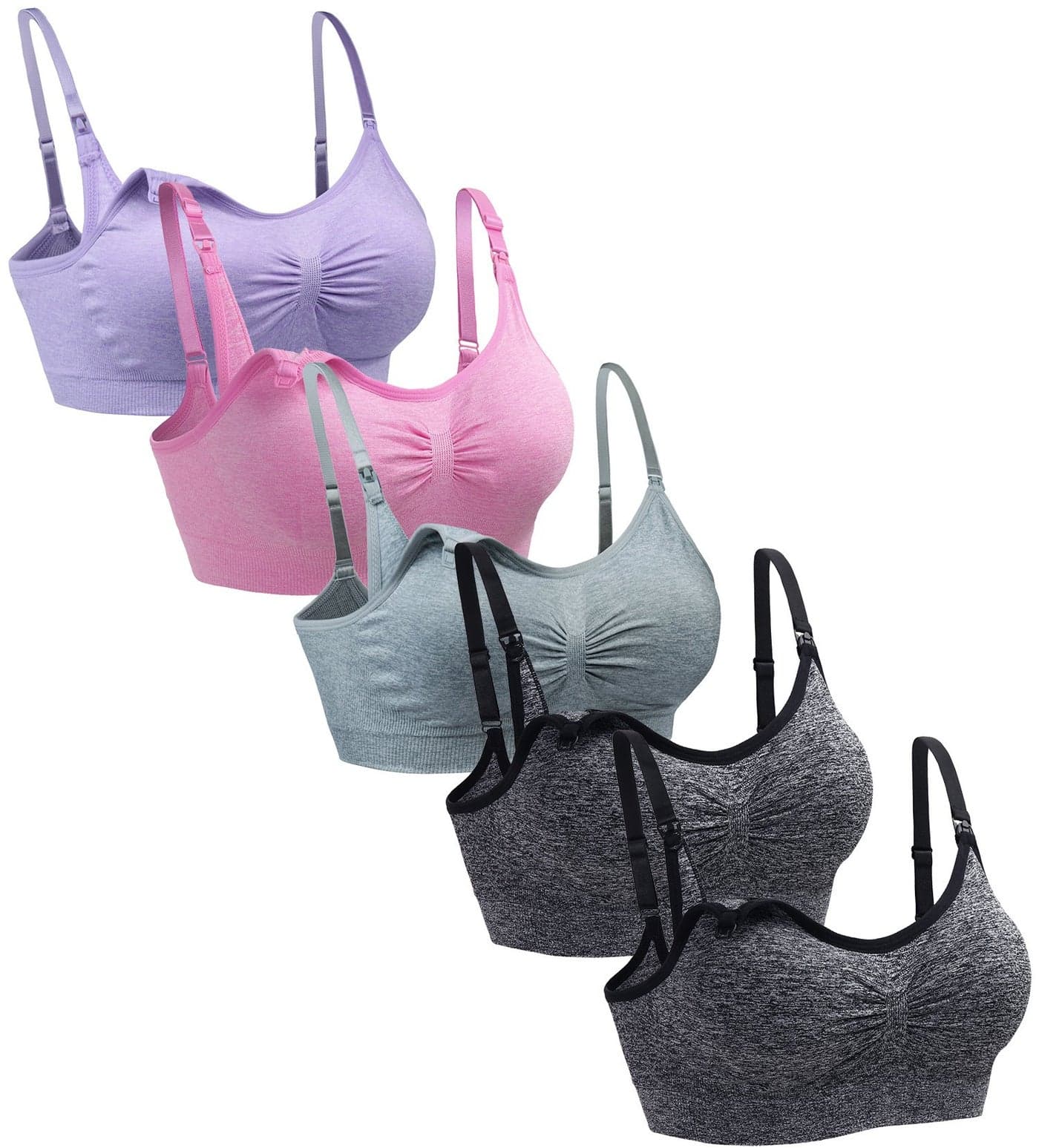 Suekaphin 5PACK Wireless Nursing & Maternity Breastfeeding Bra, Large, Heather (2xBlack/Gray/Pink/SoftPurple)