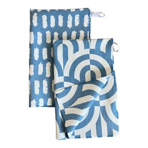 Desert Aqua 2 Pack Double Sided || Not Your Ordinary Kitchen Towels || Dish Towels || Quick Dry || Waffle Weave Microfiber|| Highly Absorbent || Hanging Hook (Blue Geometric)