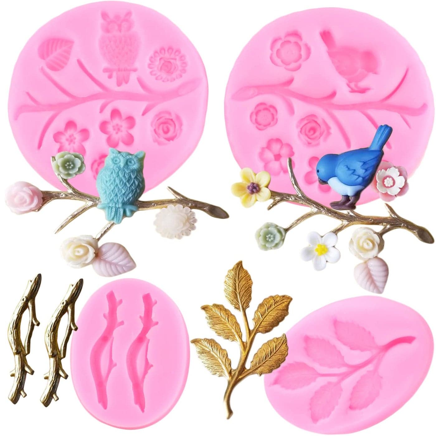 Mujiang 3D Owls Birds Silicone Molds Tree Branch Leaves Fondant Mold For Flower Chocolate Candy Cake Decorating Set of 4