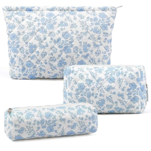 3 Pcs Makeup Bag Cosmetic Bag Set for Girls Women Checkered Travel Organizer Bathroom Toiletry Pouch Large Capacity Storage Bag(Blue Flower)
