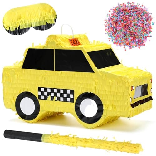 Soulchen Taxi Piata New York Party Decorations Yellow Checkered Taxi Cab Piata for NYC Birthday Decorations with Stick Blindfold and Confetti for New York Theme Party Favors Candy Birthday Supplies
