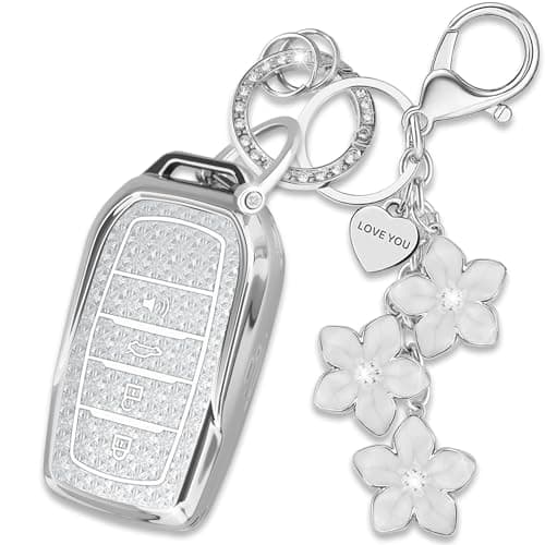 Yekoubo Silver TPU Key Fob Cover with Sakura Flower Keychain Compatible with Toyota Sequoia Land Cruiser Venza RAV4 Prime Hilux Tundra Corolla Fortuner Grand Highlander 4Button Smart Key for Women
