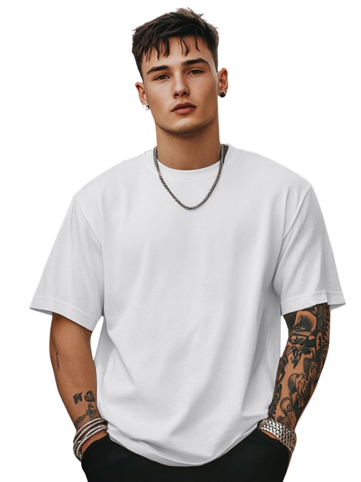 Veirdo®White Oversized Baggy Fit Drop Shoulder Half Sleeves Round Neck Solid Pure Cotton T-Shirt for Men (OS_100_White_S)