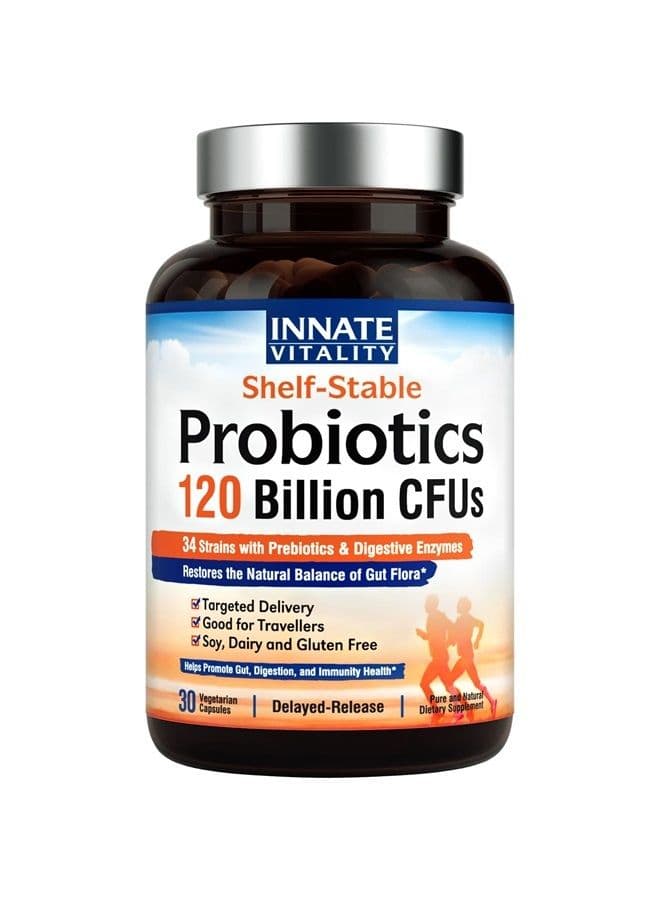 Probiotics 120 Billion CFUs 34 Strains with Organic Prebiotics & Digestive Enzymes, Digestion & Immunity Health for Women & Men, 3-in-1 Probiotics, No Refrigeration Required, Acid Resistant, 30 Caps