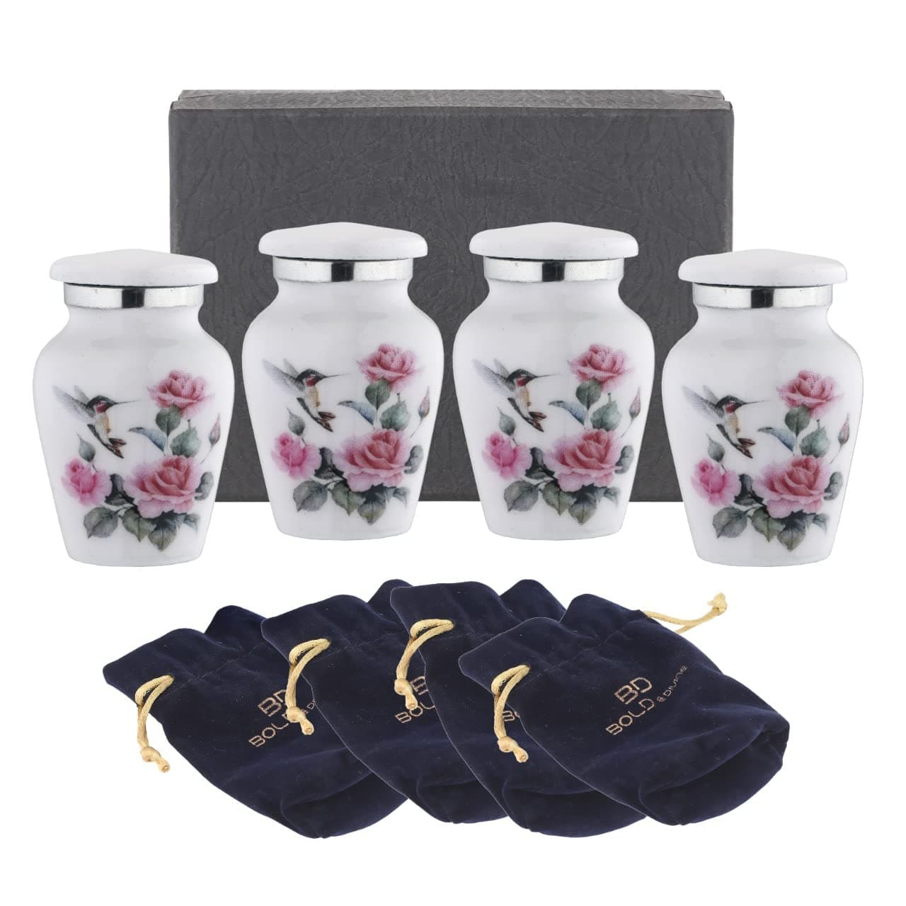 BOLD DIVINE Hummingbird Printed White Keepsake Urns Small Mini Urns Set of 4 for Human or Pet Ashes