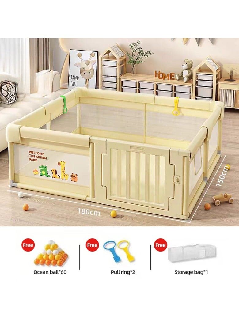 Baby Fence, Floor Fence, Home Baby Toddler Fence, Fall-proof Playpen, with New Safe Gate Design,Baby Play Mat,Indoor Play Game Fence With 60 Ocean Balls,2 Handle Ring,Storage Bag,150*180cm