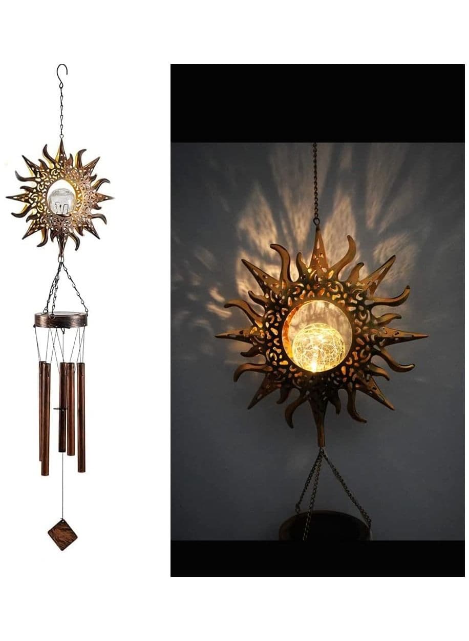 Solar Wind Chimes for Outside, Sun Windchimes Outdoor w/Crackle Glass Ball Warm LED Light, Metal Chime Yard Patio Lawn Garden Hanging Decor Gardening Gift Women Mom Grandma