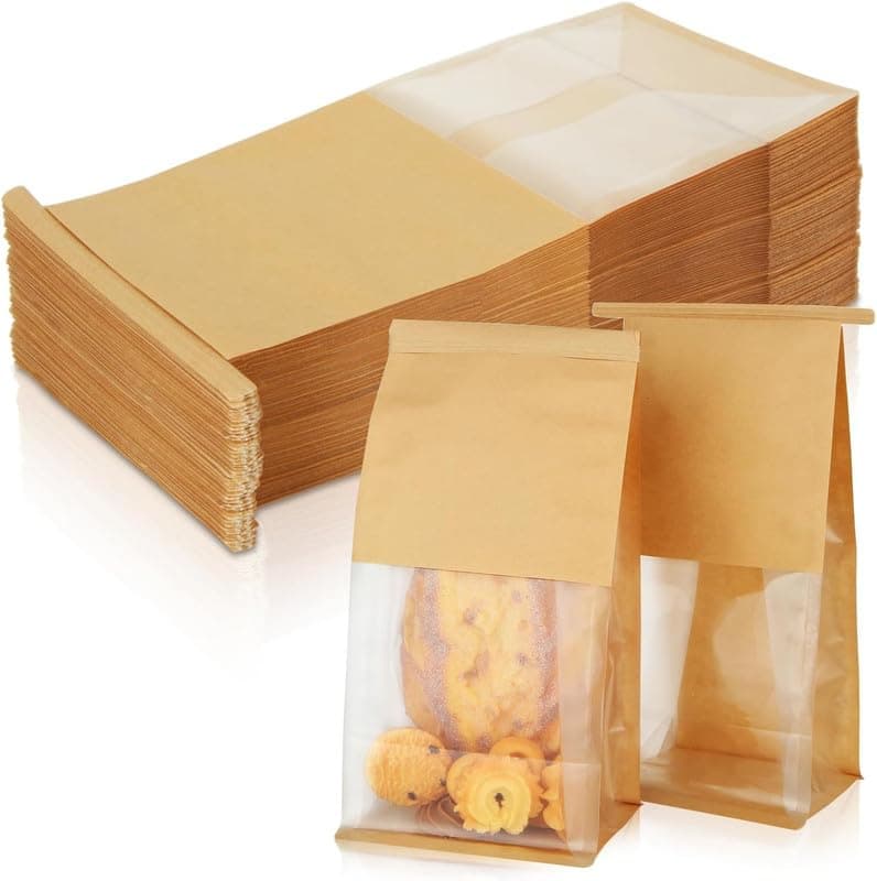 VELEXE Kraft Paper Tin Tie Tab Lock Bakery Bags with Transparent Window – Pack of 10 | Size: 27x13 cm | Packaging Bags for Bread, Cookies, Snacks & Bakery Items