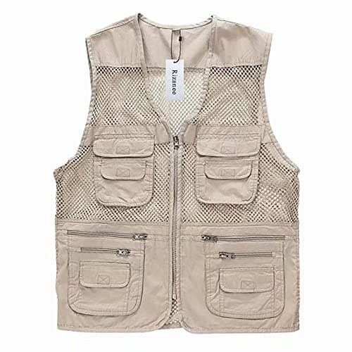 Rizanee Unisex Mesh Breathable Fishing Vest, Multi-Pockets Photography Travel Hiking Waistcoat Jacket (Beige, US XL - TAG 3XL)