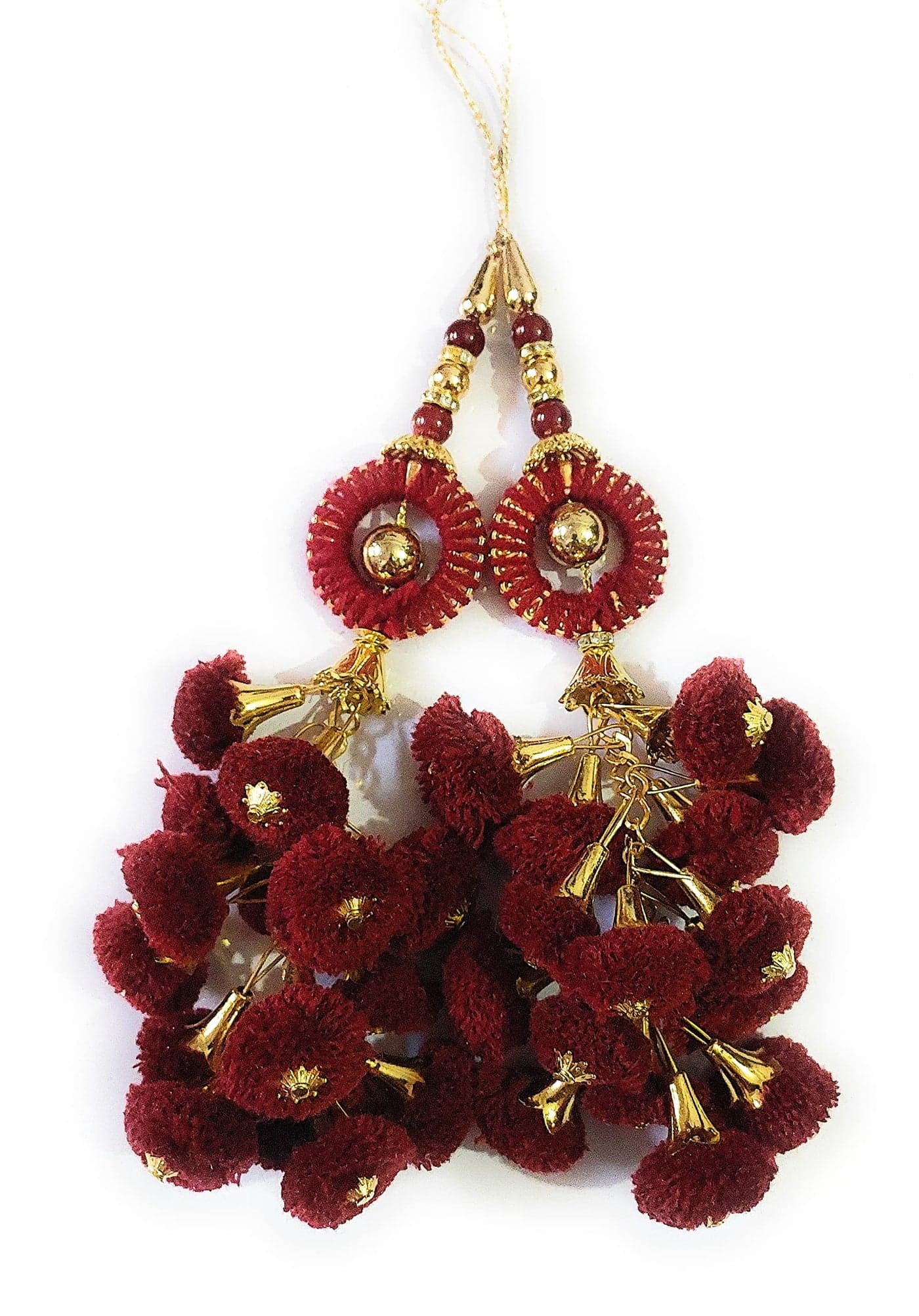 Libas Fashion Women's Metal and Pearls Handmade Work Ethnic Pom Pom Bell Teasel Blouse Saree, Lehenga Hanging Latkan (Maroon, Free Size)