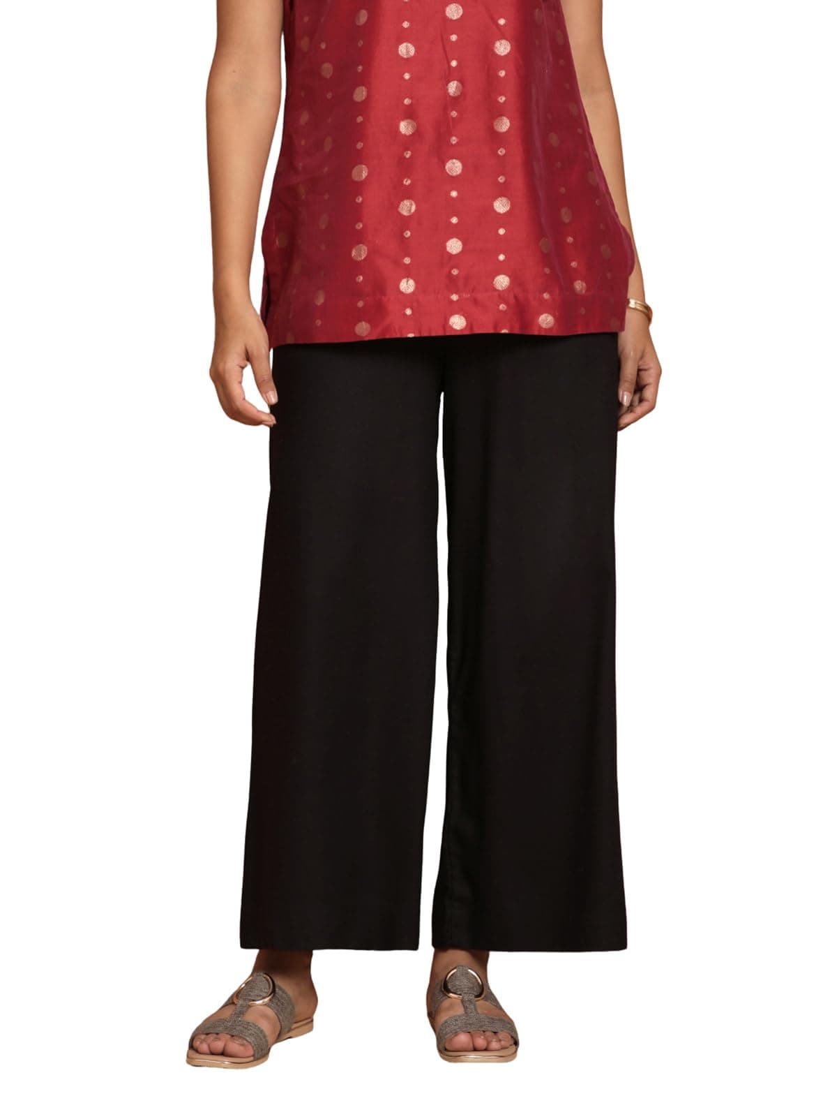 TWIN BIRDS Carbon Black Solid Coloured Viscose Fabric Wide Leg Palazzo Fitted Waistband with Rope for Women - (M)