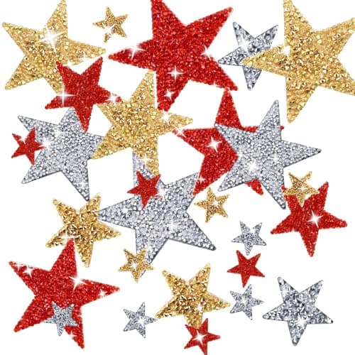 27 Pieces Rhinestone Star Patches for DIY, 4 Sizes Iron On Adhesive Glitter Star Appliques for Clothing Repair and Decoration (Gold, Silver, Red, Mixed Size)