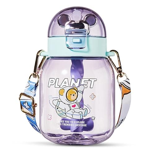FunBlast School Sipper Water Bottle for Kids – Tritan Water Bottle with Straw and Adjustable Strap for Kids, Cute Cartoon Themed Water Bottle for Boys and Girls (600 ML) (Purple)
