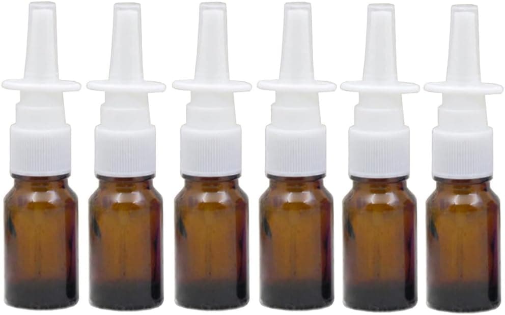 6 Pcs 10ML 0.34OZ Empty Refillable Brown Glass Nasal Spray Bottle Portable White Sprayer Straight Nozzle Sample Storage Container for Makeup Health Care