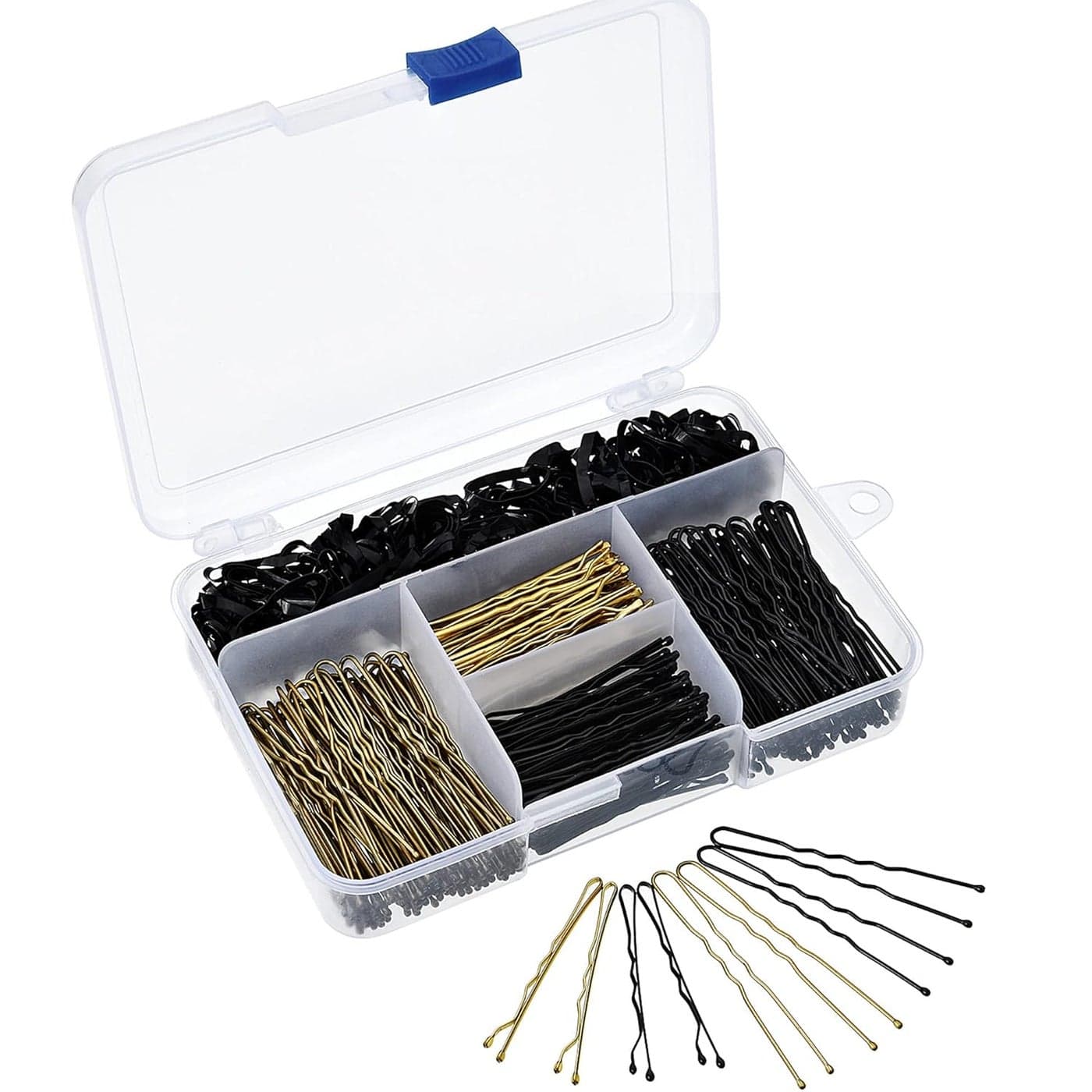 Hicarer 300 Pcs Hair Pins Set Including 100 Pcs Bobby Pins 100 Pcs U Hair Pins and 100 Pcs Rubber Hair Bands with Storage Box for All Hair Types Girls Women Gift Black and Gold