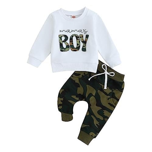 Baby Boy Fall Clothes Set Long Sleeve Crewneck Sweatshirts Pants Cute Infant Newborn Outfits 6 12 18 24 Months 2T (Mama's Boy Army Green, 18-24 Months)