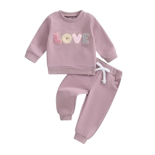 Socutebabe Baby Girl Clothes Newborn Infant Fall Winter Outfits Love Embroidery Long Sleeve Crewneck Sweatshirts Pants 0-24M (Purple, 12-18 Months)