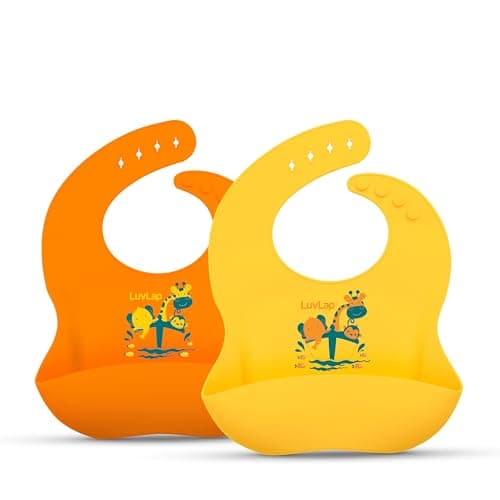 LuvLap Waterproof Silicone Baby Bib for Feeding & Weaning, Adjustable Neckline with Buttons, BPA Free, Washable & Reusable, 6-36 Months, Soft, Baby Feeding Bib, Odourless, Pack of 2 (Orange & Yellow)