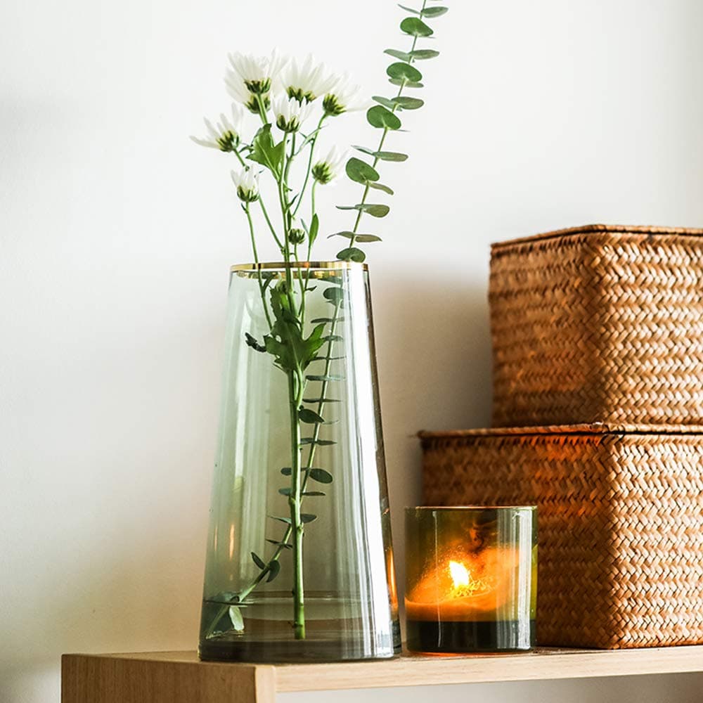 FUNSOBA Green Glass Flower Vase with Gold Mouth for Centerpieces Home Wedding Decoration 1 Small