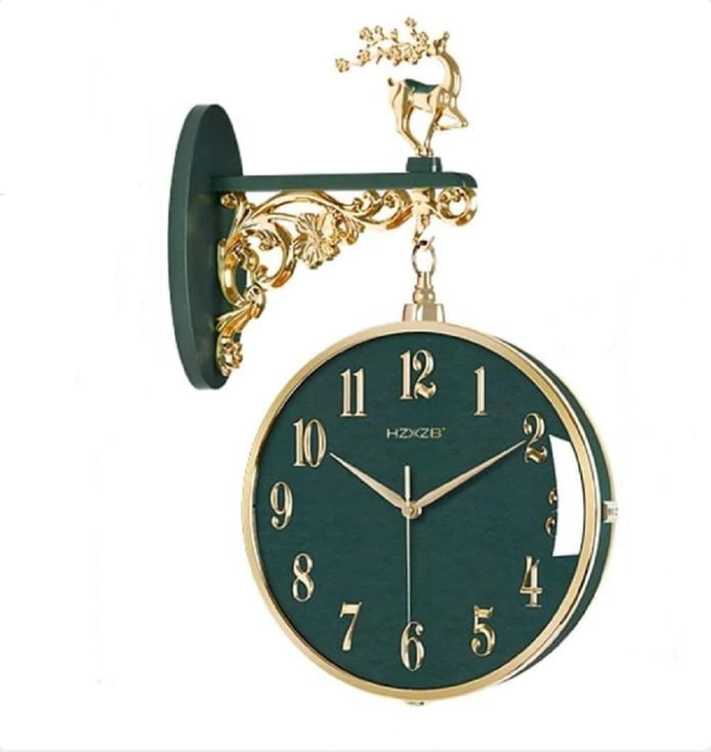 YHK Double Sided Wall Clock Antique Clock Retro Station Clock European Style Two Faces Wall Clock Hanging Clock for Patio Garden Home Living Room Bedroom W3Green