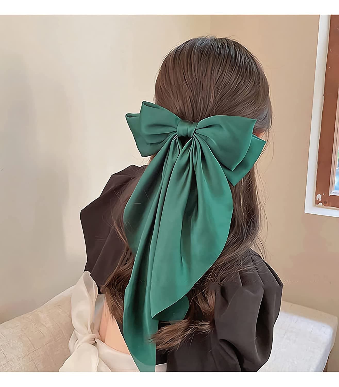 Diyana sales Women Big Bow Barrettes Girls Satin Hair clips Long Ribbon Hair Pins Accessories For Party green