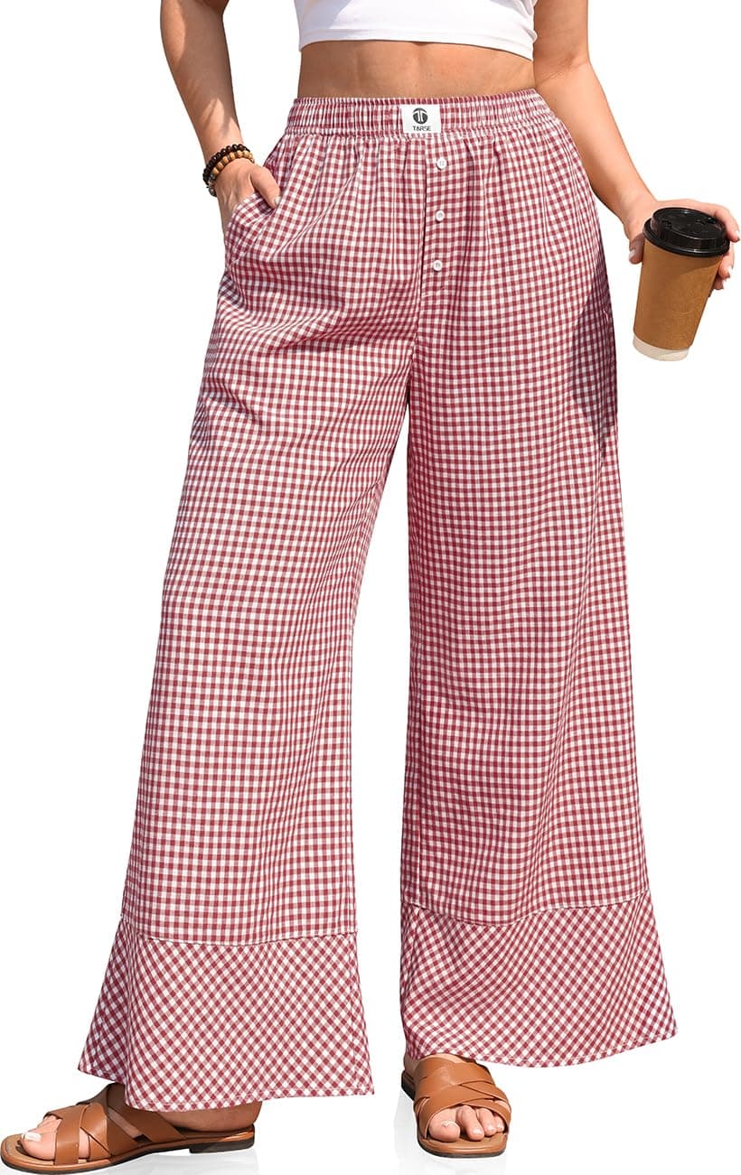 TARSE Womens Gingham Striped Linen Pants Wide Leg Casual Cute Pajama Lounge Bottoms Plaid Trousers with Pockets(RedWhitePlaid,L)
