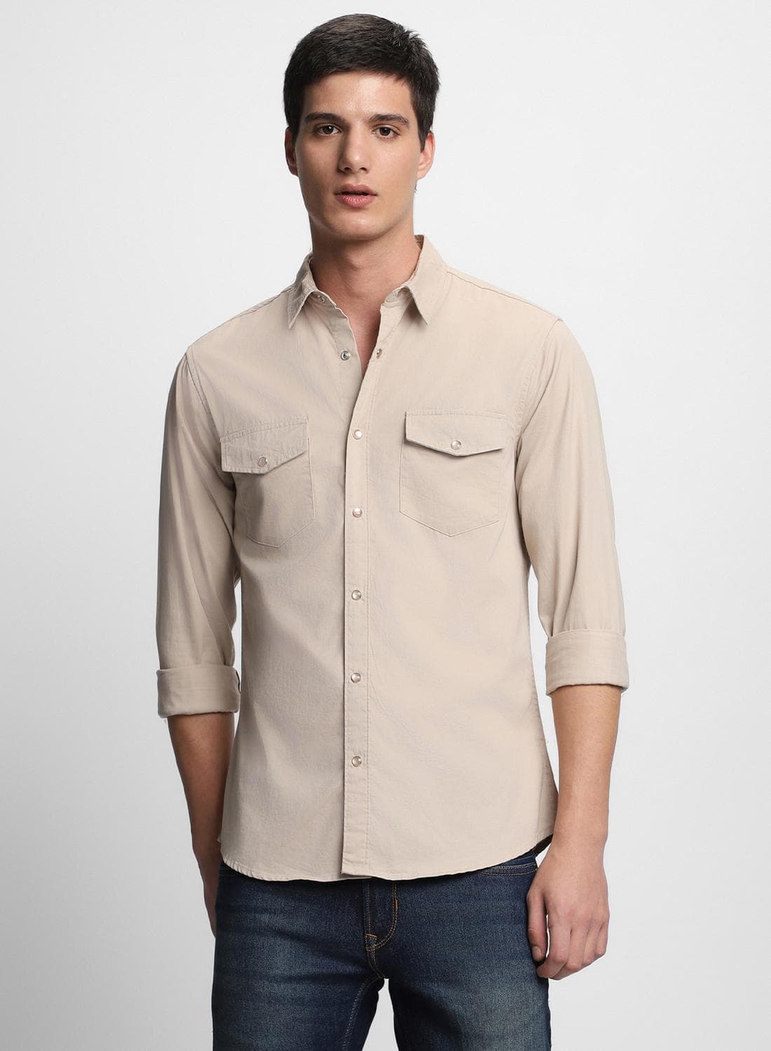 Men's Beige 100% Cotton Solid Pattern Slim FiT-Shirt