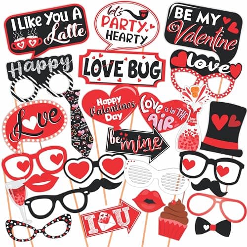 Wobbox Valentine Party Photo Booth Props for Couples, Happy Valentine Props for Photoshoot, Valentine Party Decoration, Valentine Day Party Decorations Items (Red Black & White - 29 Pcs)