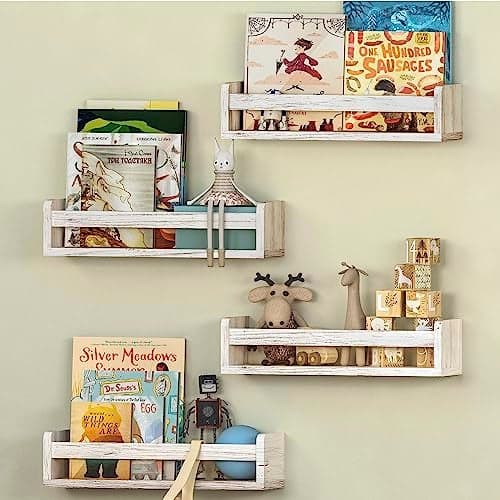 NATURE SUPPLIES Set of 4 Whitewashed Nursery Room Shelves 164 Solid Wood Ideal for Books Toys and Decor Wall Bookshelf Kids Bedroom Bookshelf Nursery Book Shelves Floating Grey