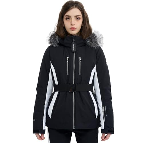 HIGH EXPERIENCE Women Ski Jacket Snowboard Fitted Slim Fit Short Snow Coat Belted Mountain Waterproof Insulated Warm Winter (US, Alpha, Medium, Regular, Regular, Black)