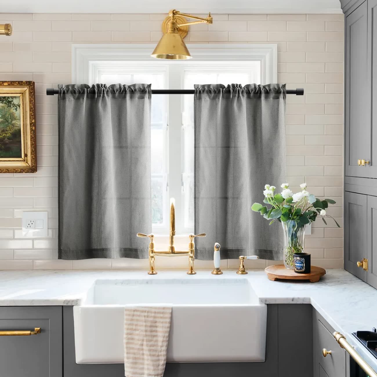 XTMYI Grey Kitchen Short Curtains Valances Sets of 2 Pack Dark Gray Semi Sheer Linen Curtains for Small Bedroom Basement RV Window Bathroom 30 Inch Length