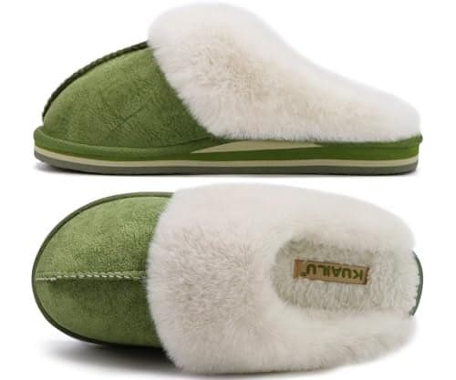 KuaiLu Womens Cozy Memory Foam Slippers Ladies Fuzzy Faux Fur Lined Warm Arch Support House Shoes Slip on Comfy Winter Scuff Indoor Outdoor Rubber Hard Sole Orthotic Plush Bedroom Green Size 5
