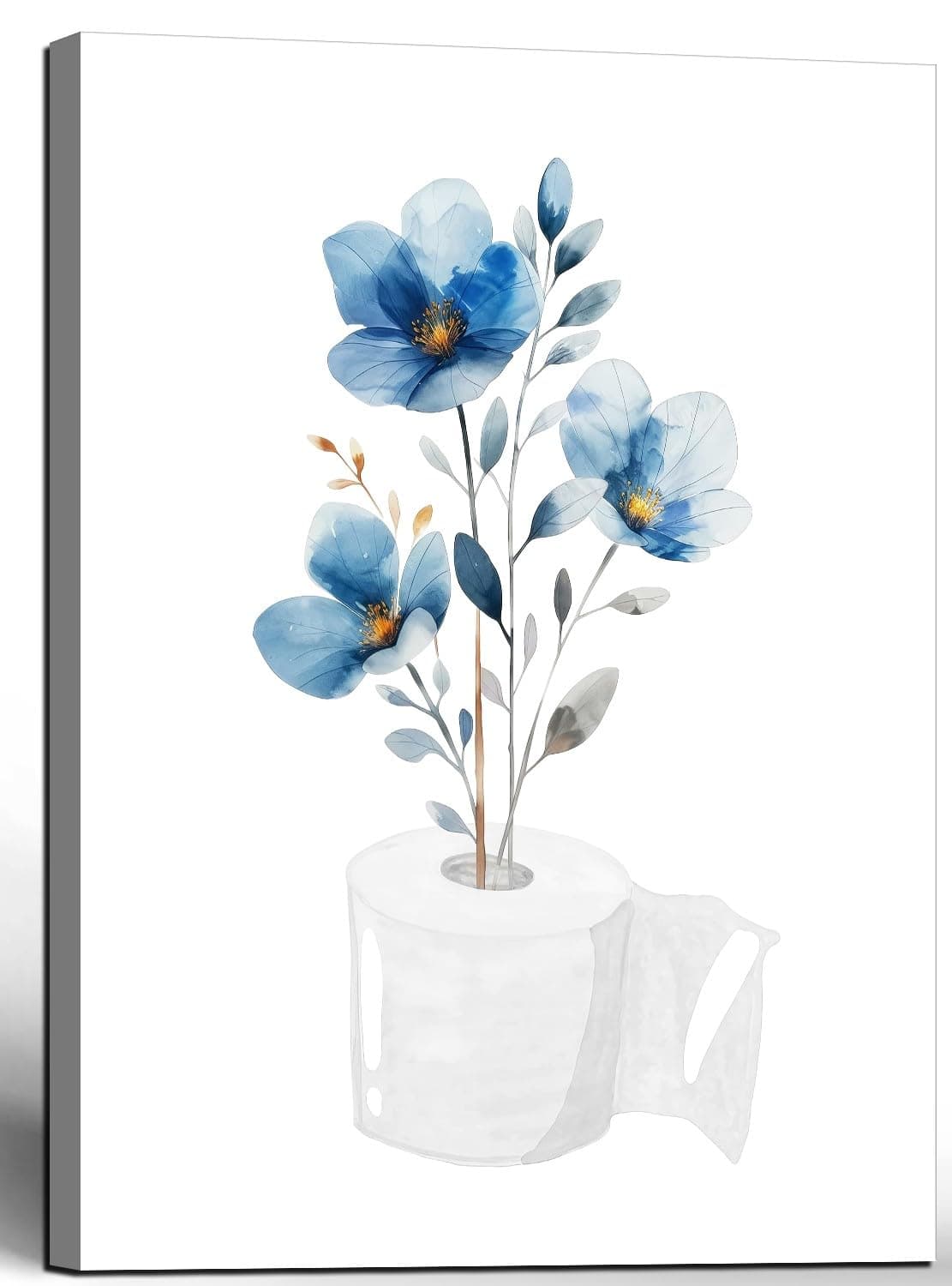 Framed Bathroom Canvas Wall Art With Blue Flowers Embellishing Toilet Paper Elegant Floral Bathroom Decorative Painting For Living Room And Bedroom Gallery Style 12x16 Inches Can Be Hung Directly
